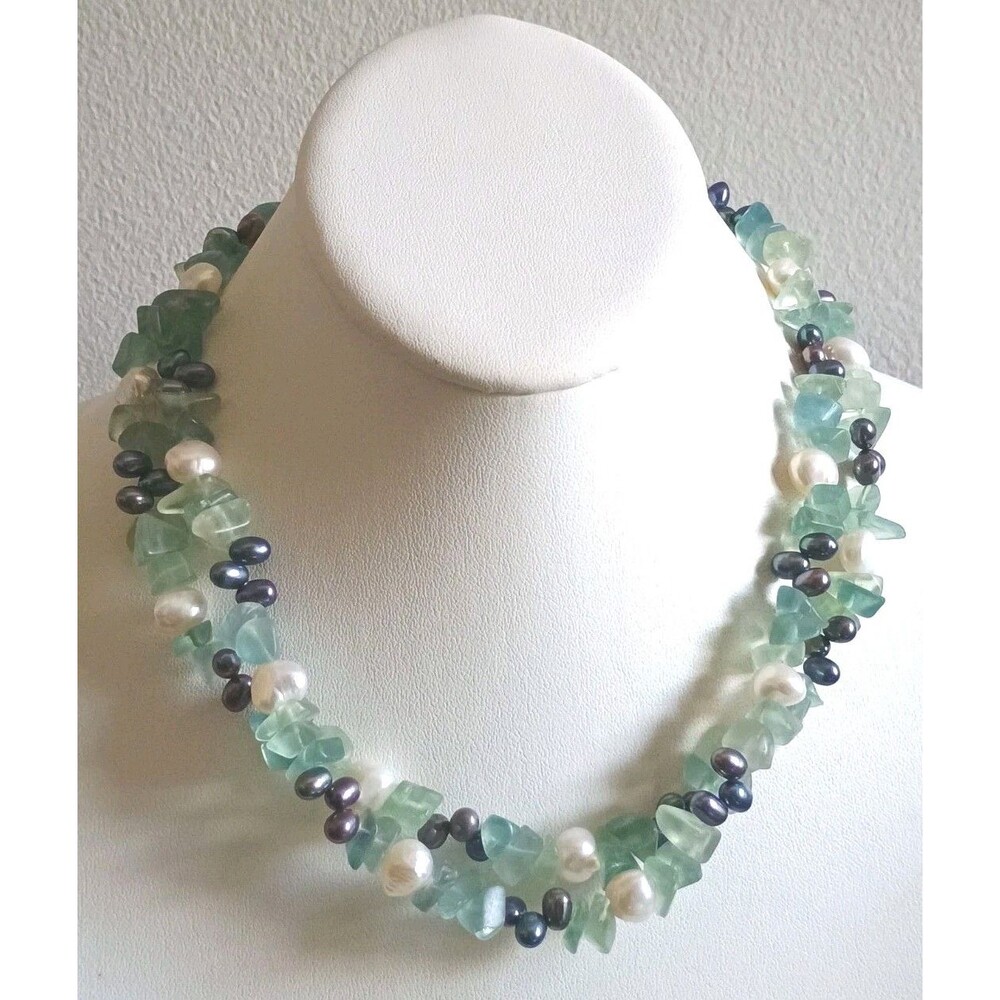 Jadeite Peacock And Baroque Pearl Sterling Silver Double Strand Vintage Necklace